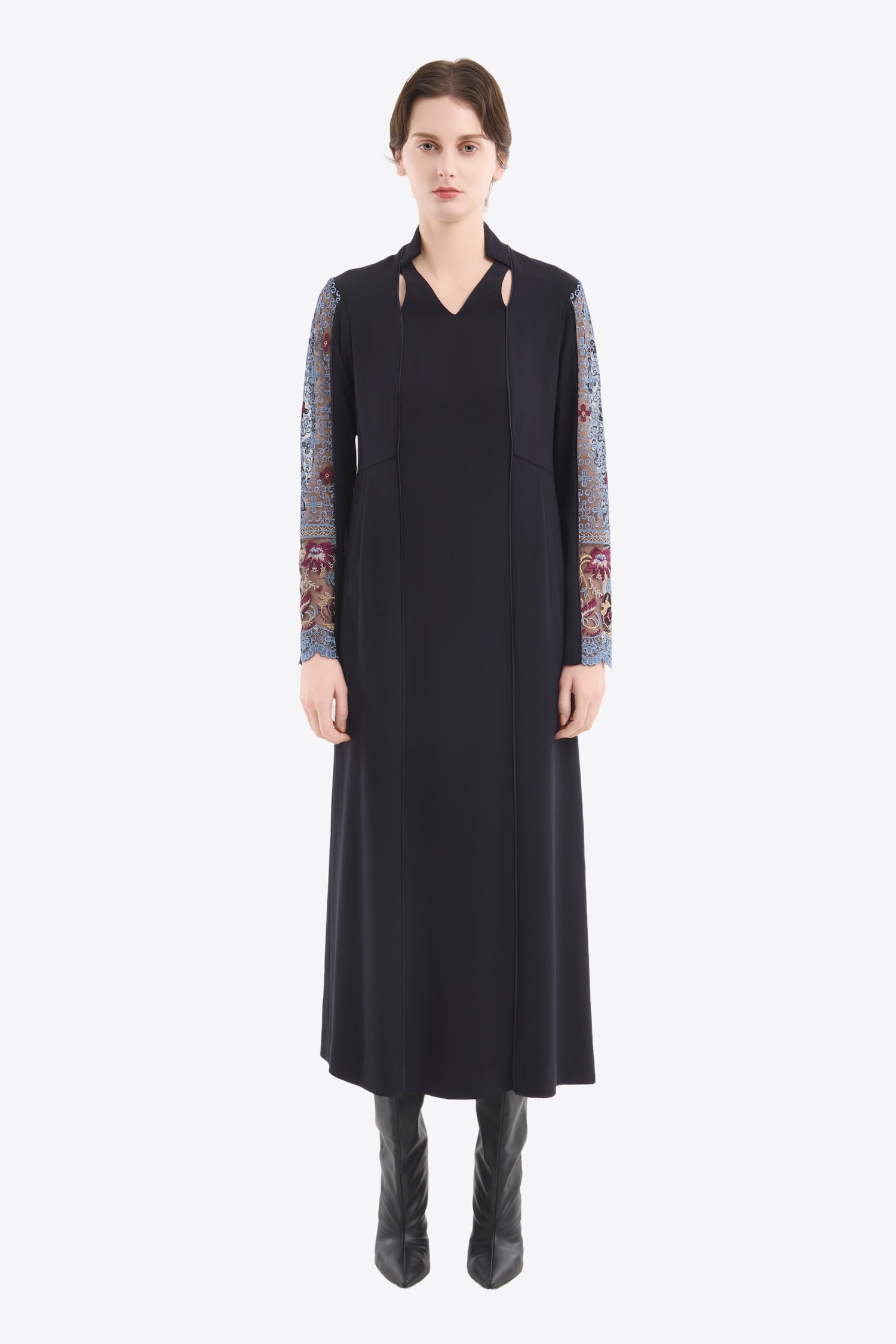Petal collar lace dress (Navy)