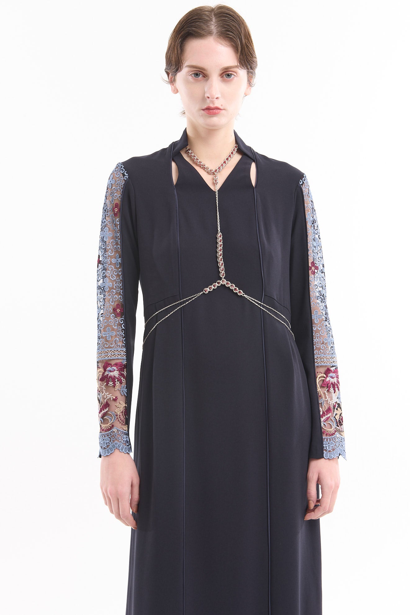 Petal collar lace dress (Navy)