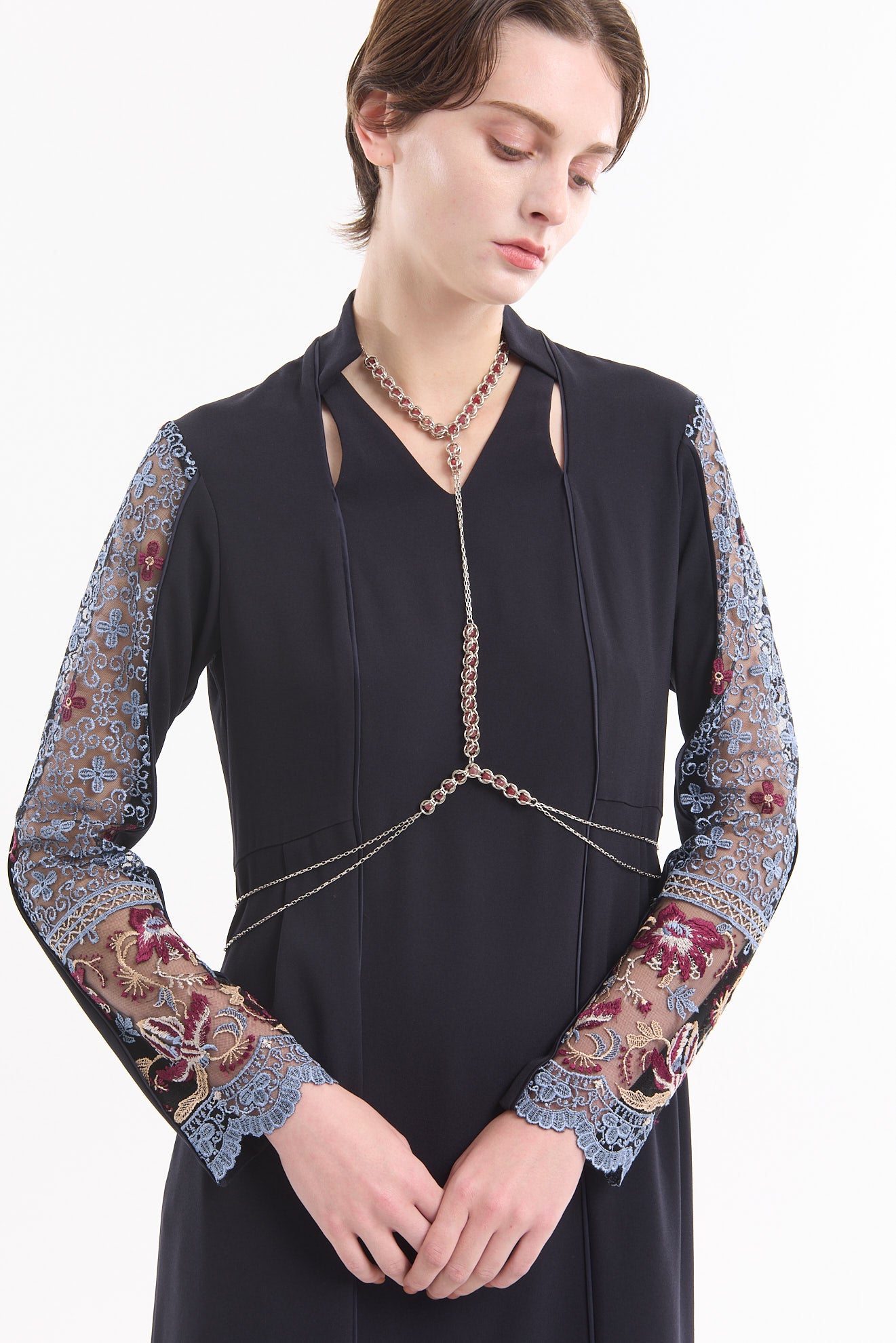 Petal collar lace dress (Navy)