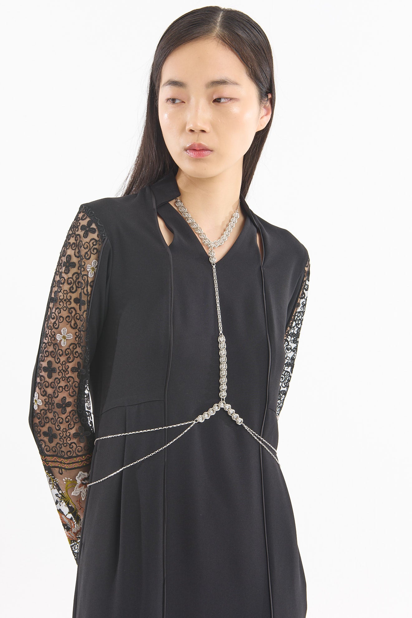 Petal collar lace dress (Black)