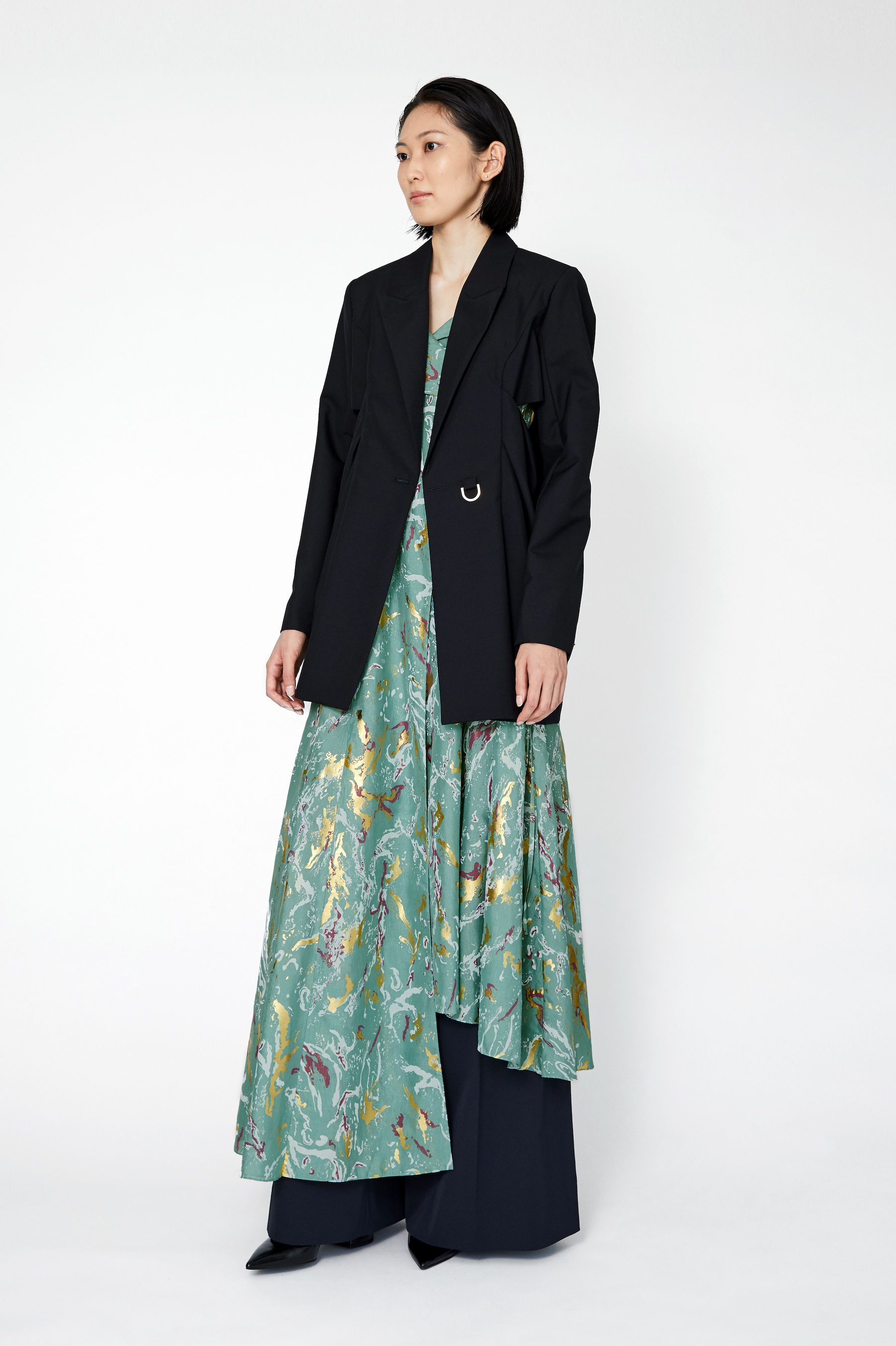 Flower vein foil camisole dress (Green)