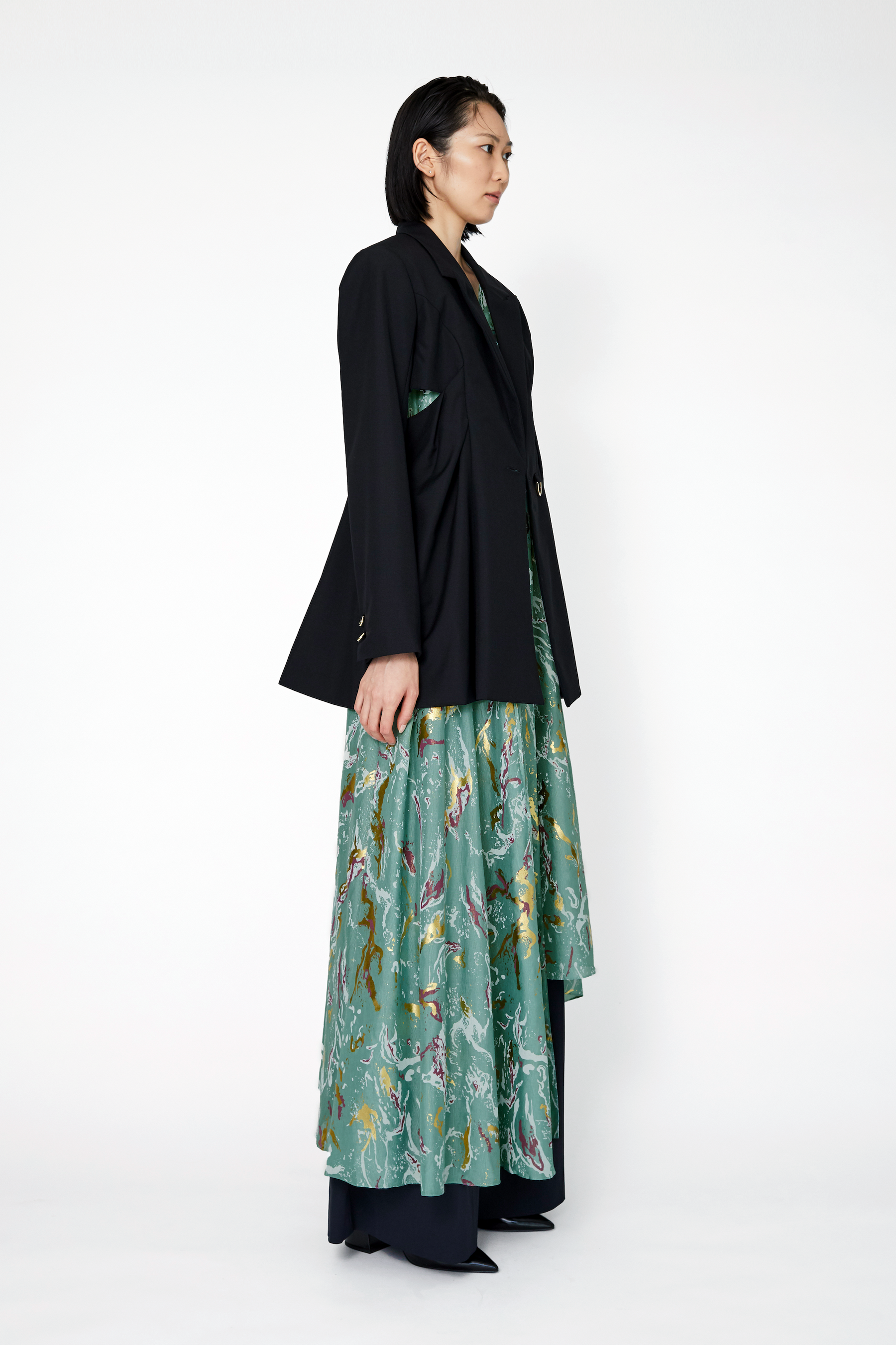 Flower vein foil camisole dress (Green)