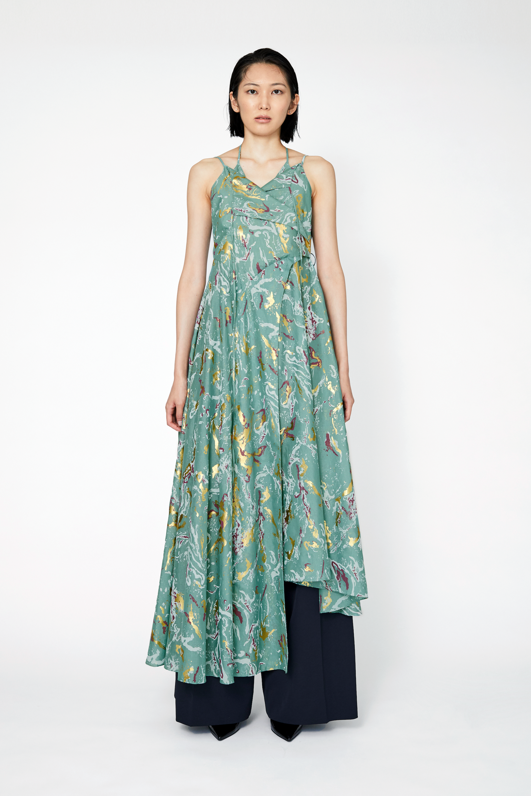 Flower vein foil camisole dress (Green)