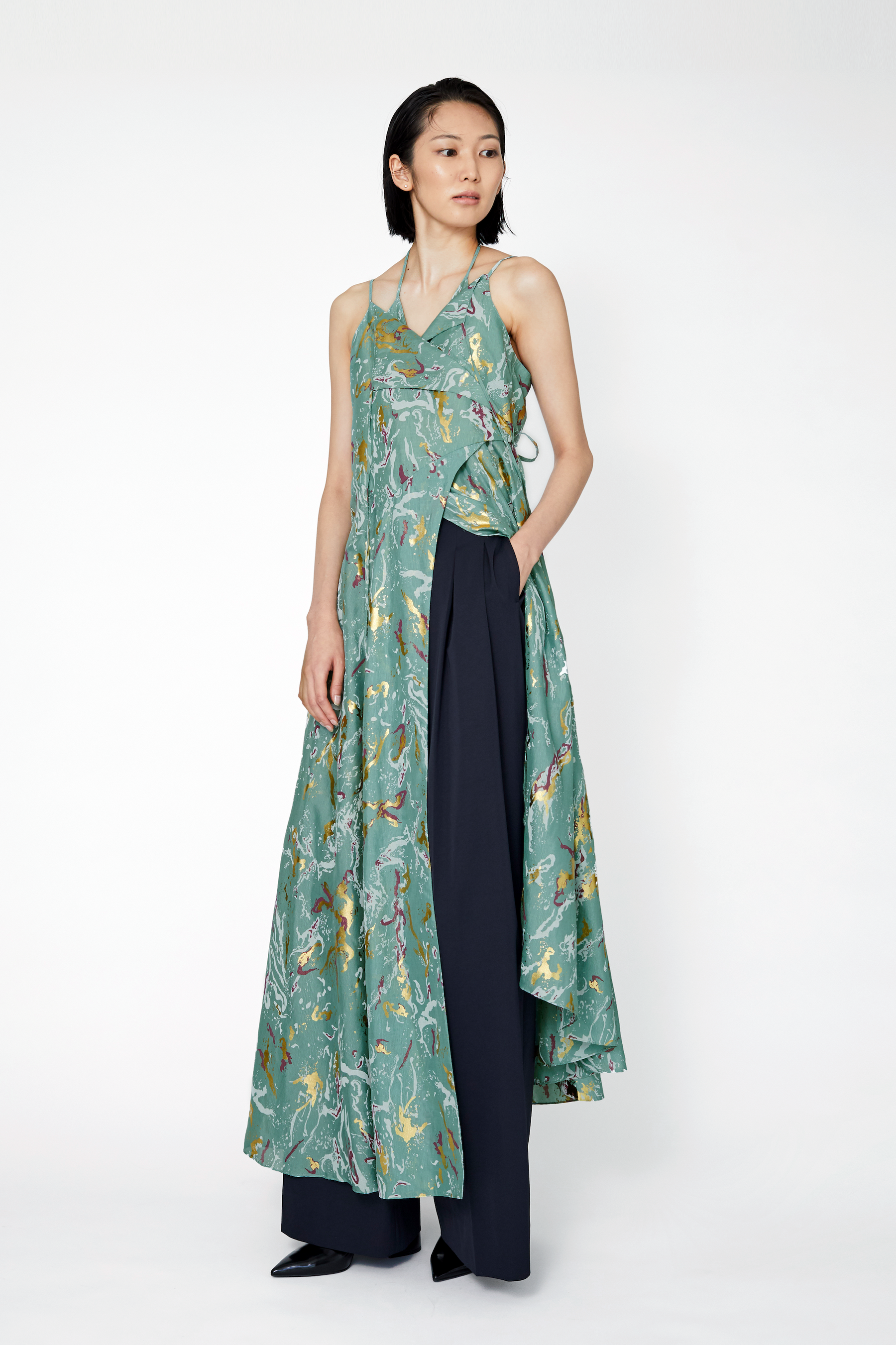 Flower vein foil camisole dress (Green)