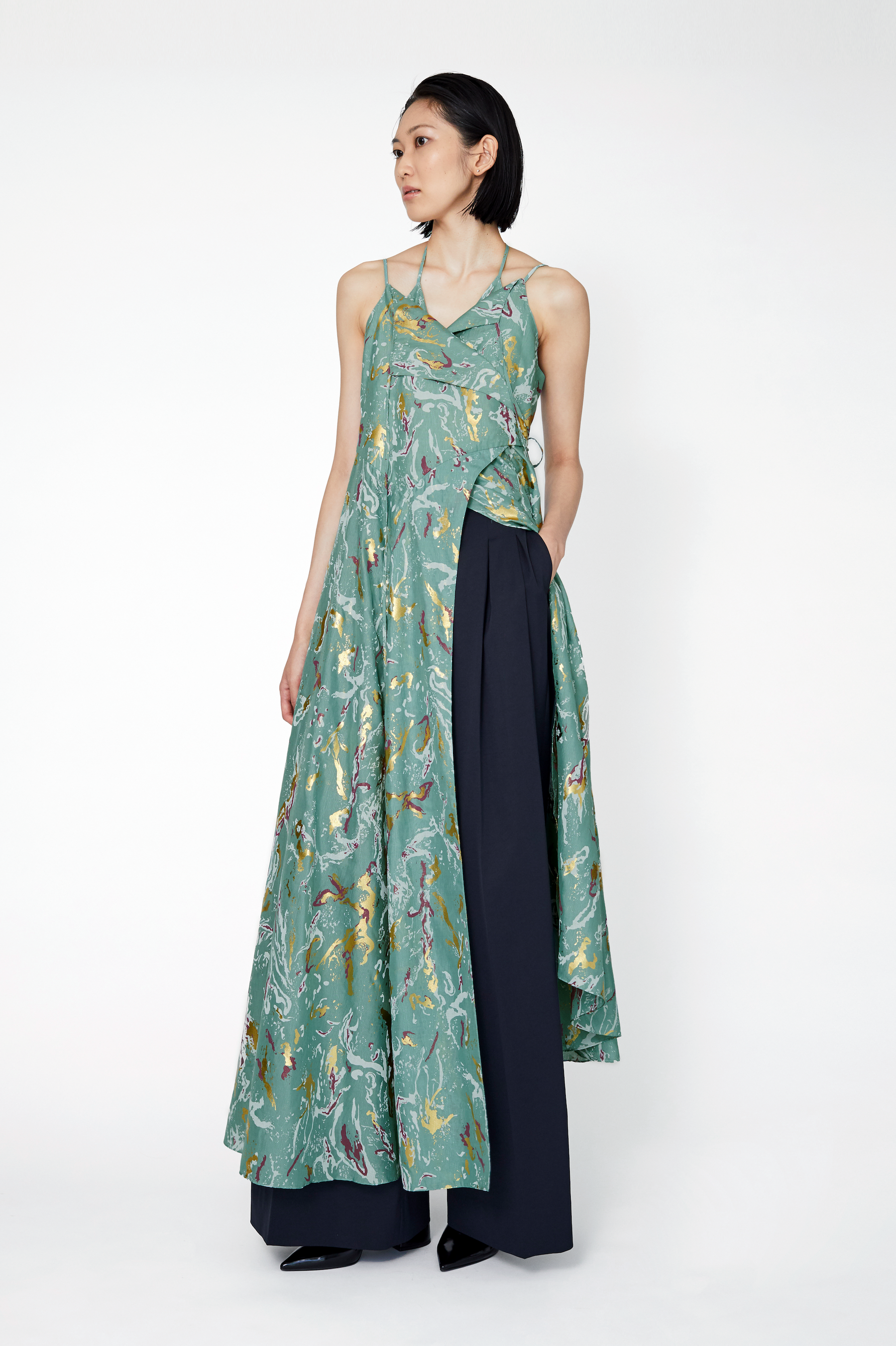 Flower vein foil camisole dress (Green)