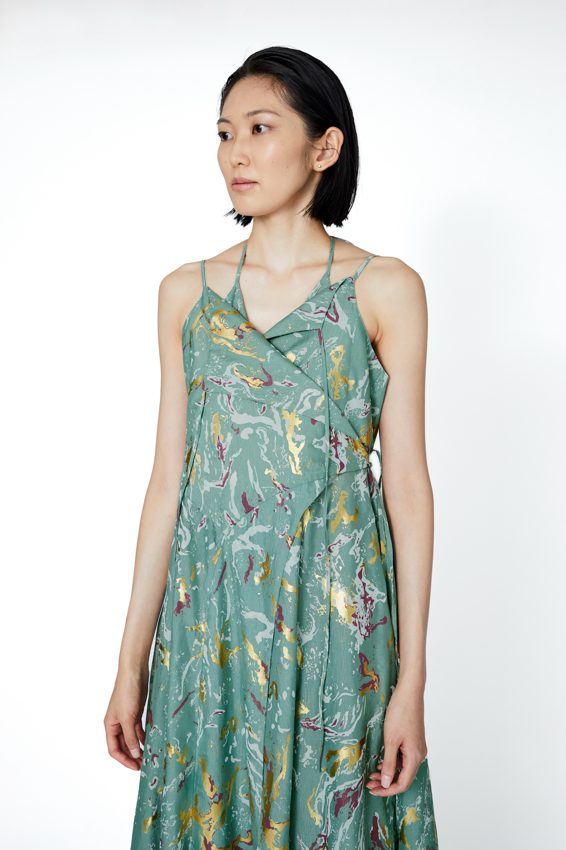 Flower vein foil camisole dress (Green)