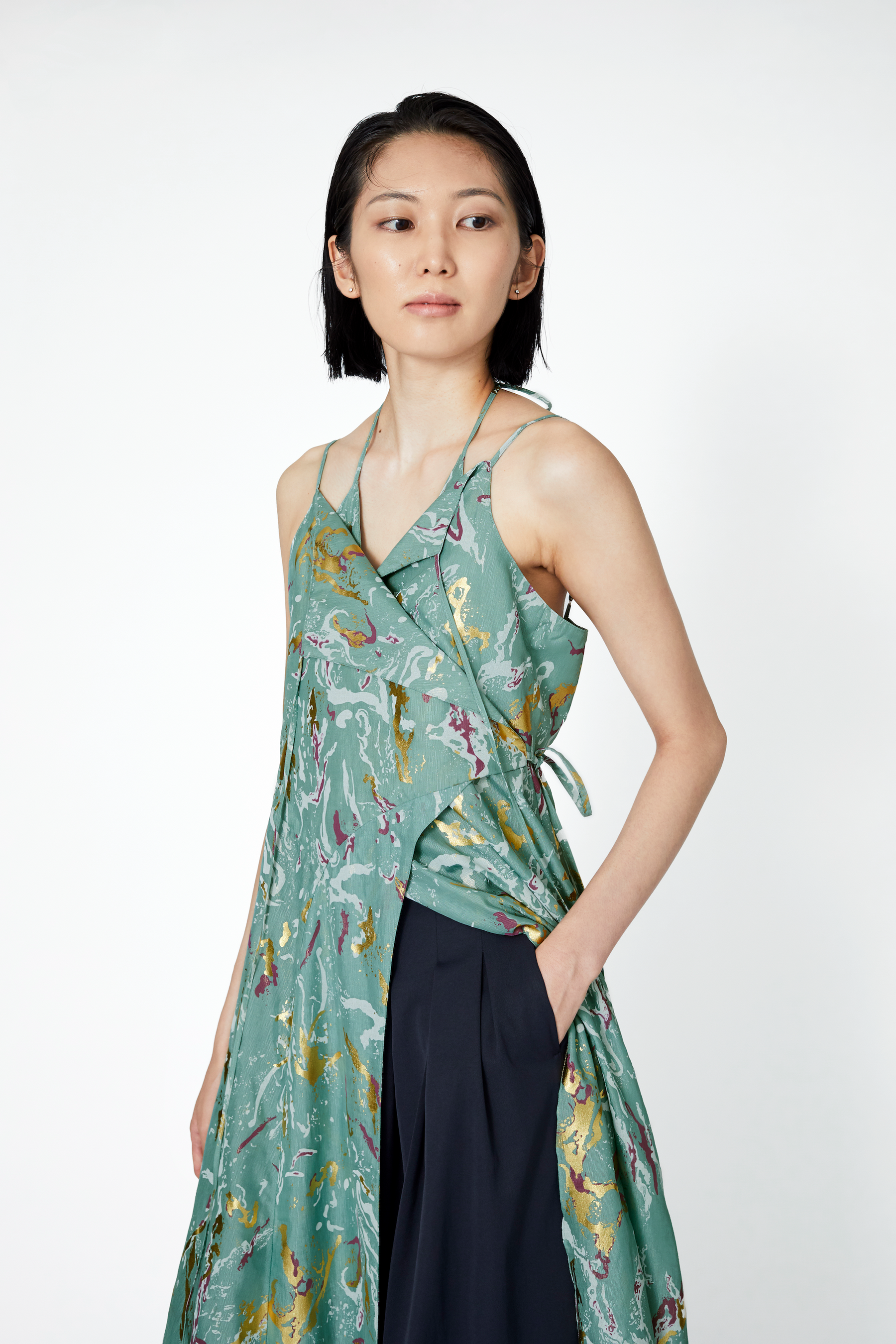 Flower vein foil camisole dress (Green)