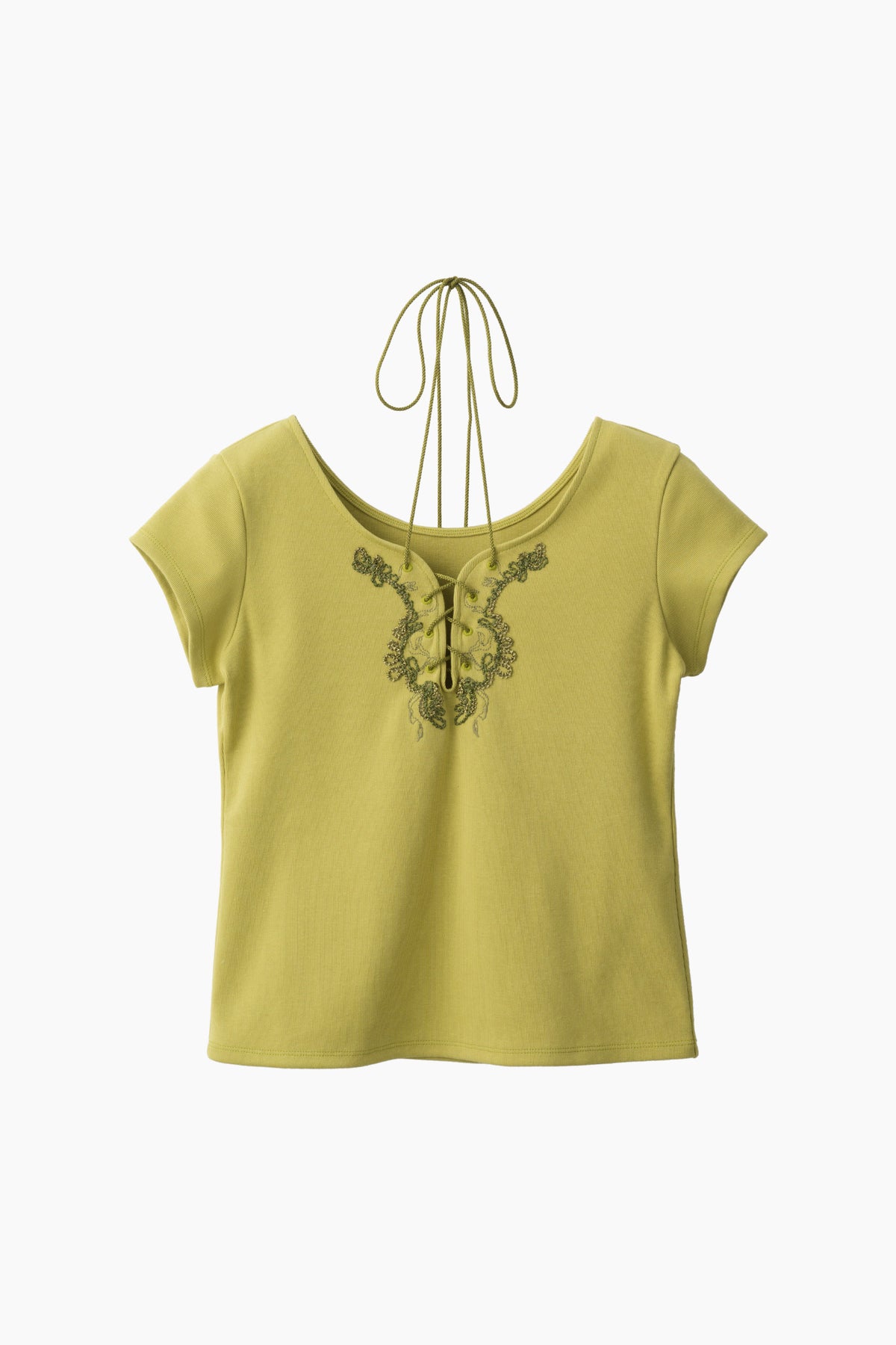 Lace up embroidered tops (Yellow green)