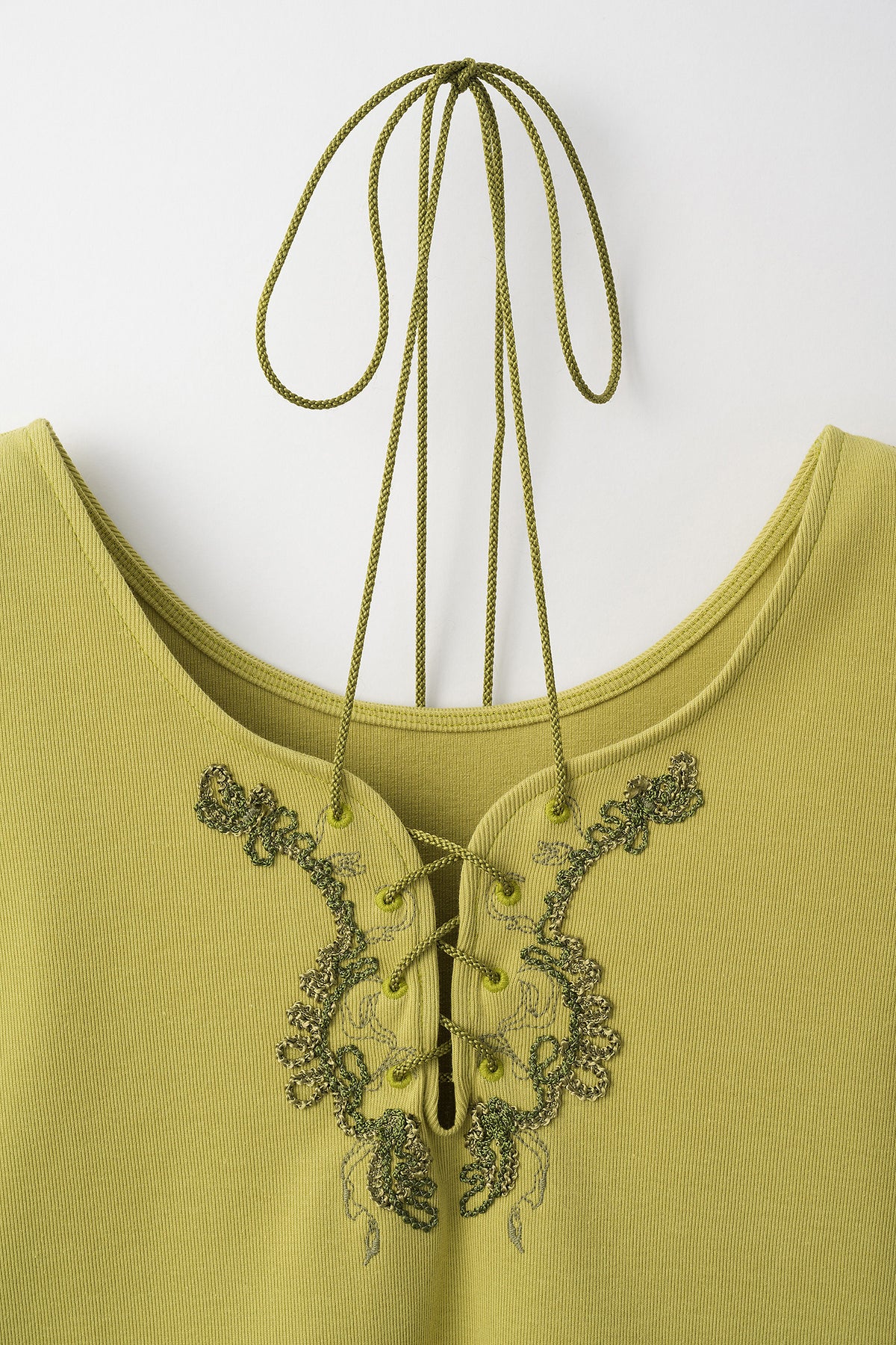 Lace up embroidered tops (Yellow green)