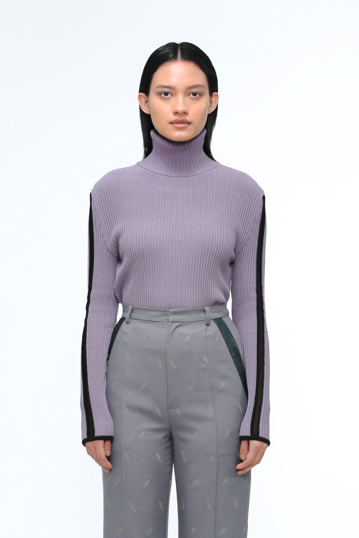 Sheer line sleeve rib knit top (Lavender)
