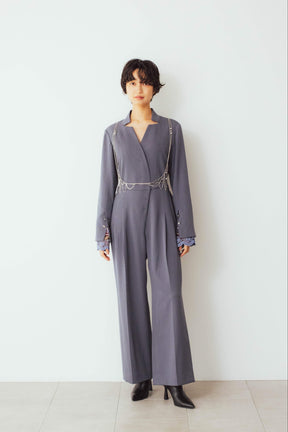 Slit sleeve lace jumpsuit set (Blue)