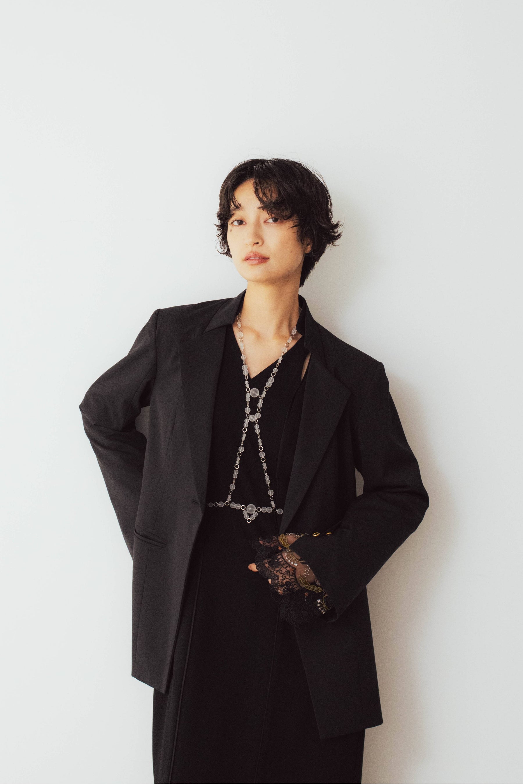 Petal collar lace dress set (Black)