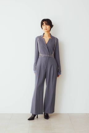 Slit sleeve lace jumpsuit set (Blue)