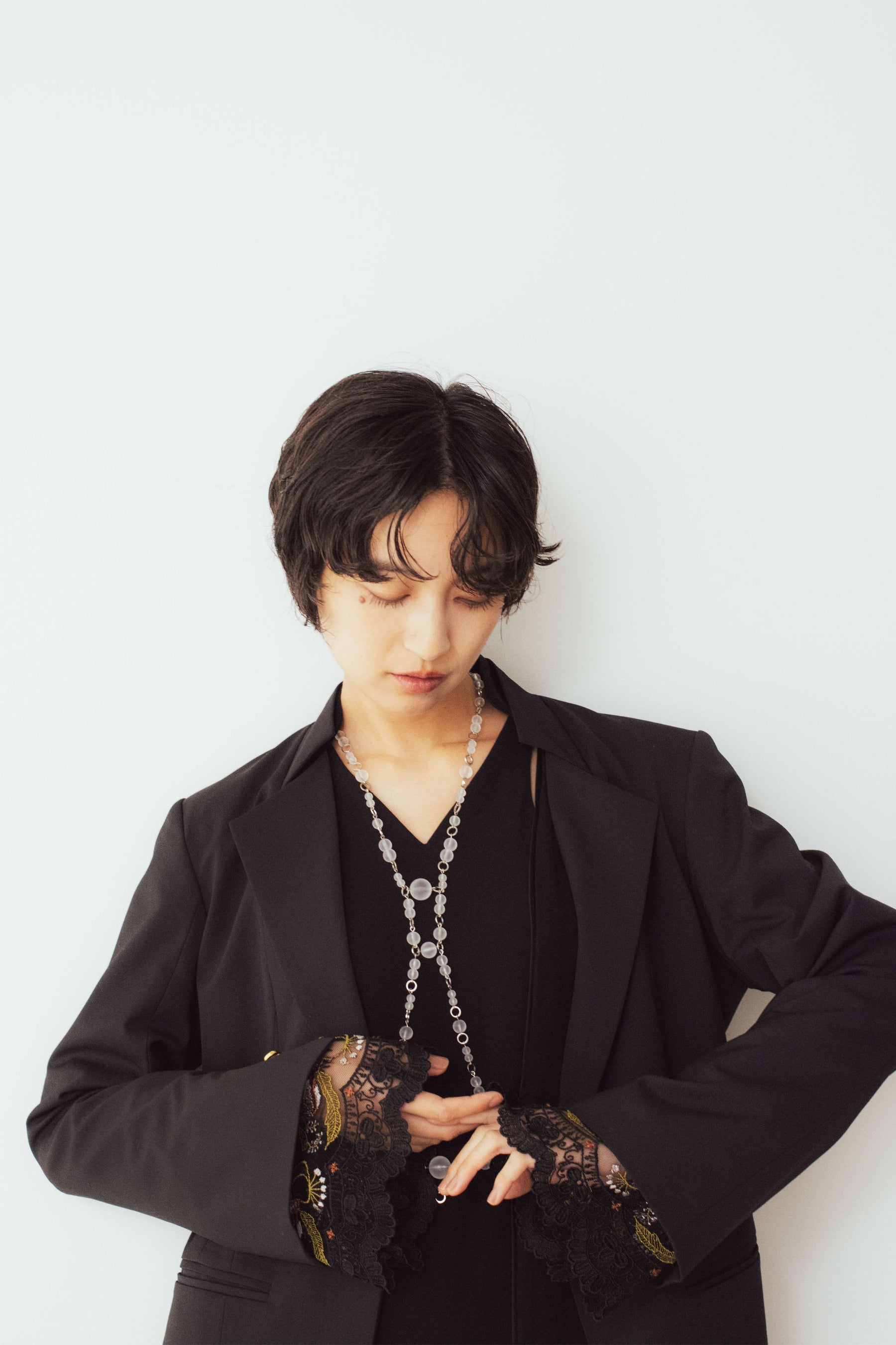 Petal collar lace dress set (Black)