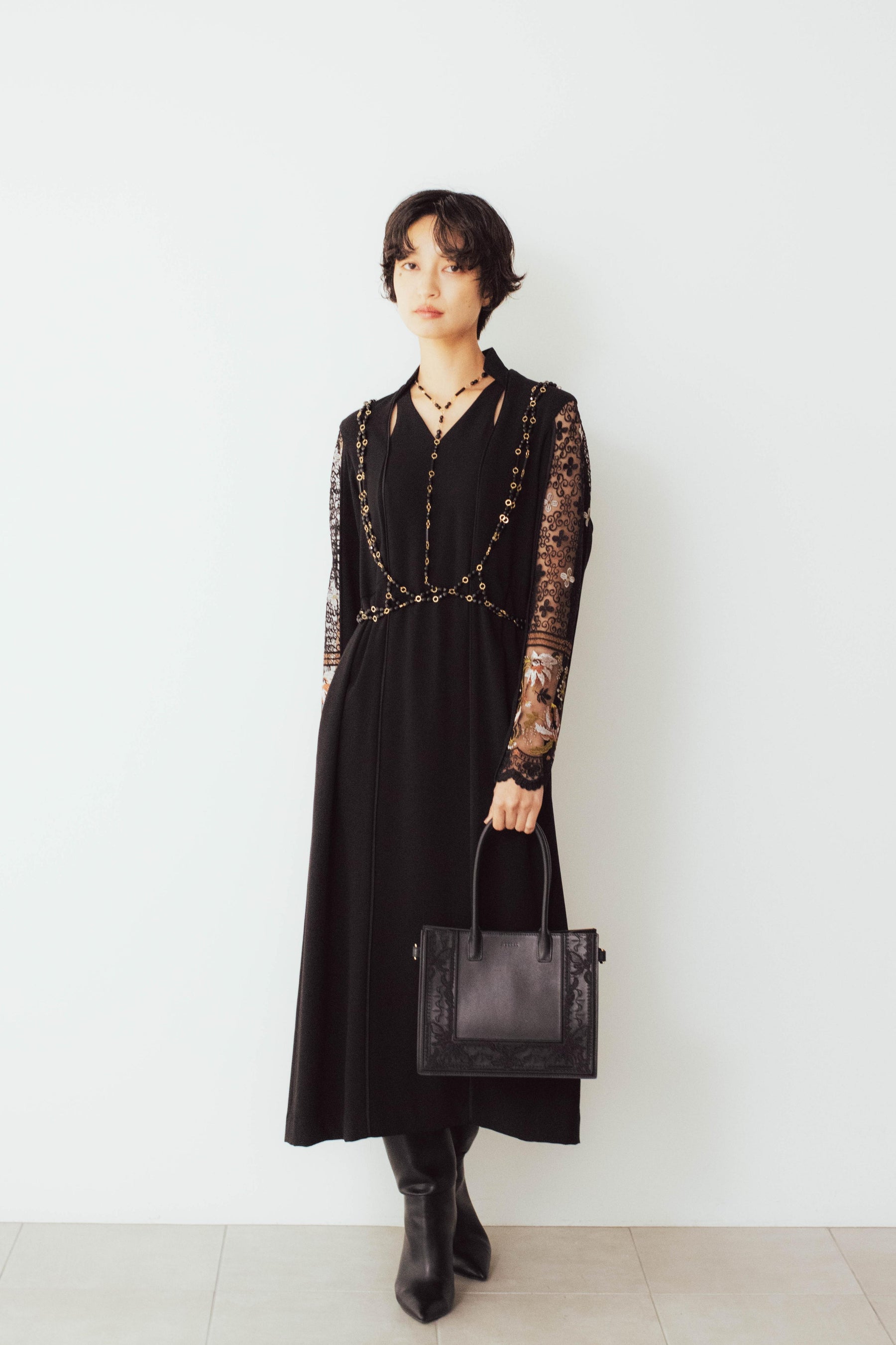 Petal collar lace dress set (Black)