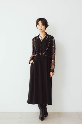 Petal collar lace dress set (Black)