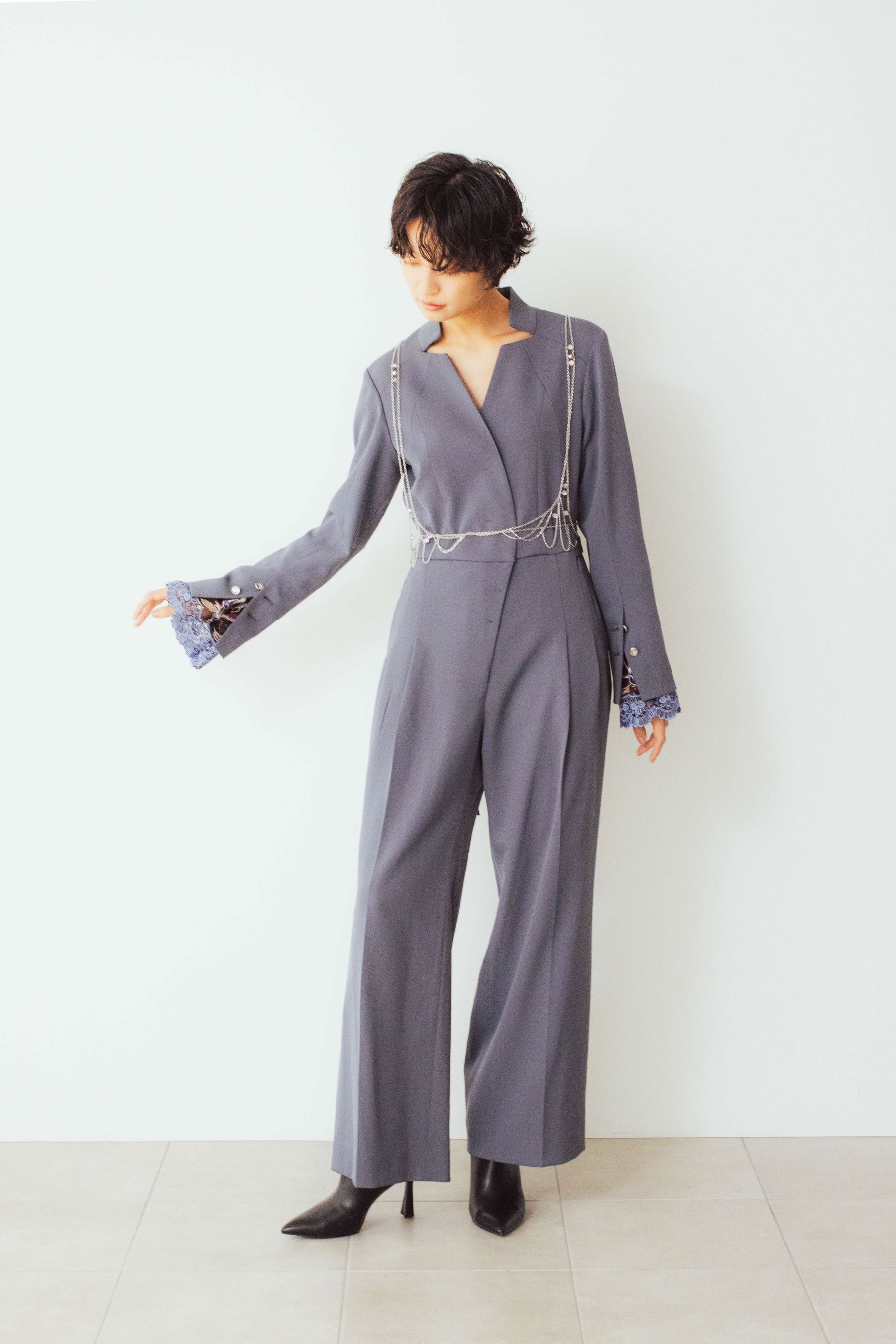 Slit sleeve lace jumpsuit set (Blue)