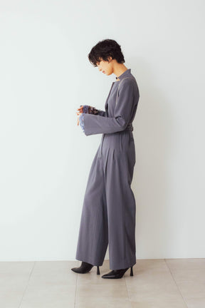 Slit sleeve lace jumpsuit set (Blue)