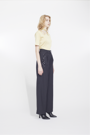 Veil embroidered layered slacks (Black)