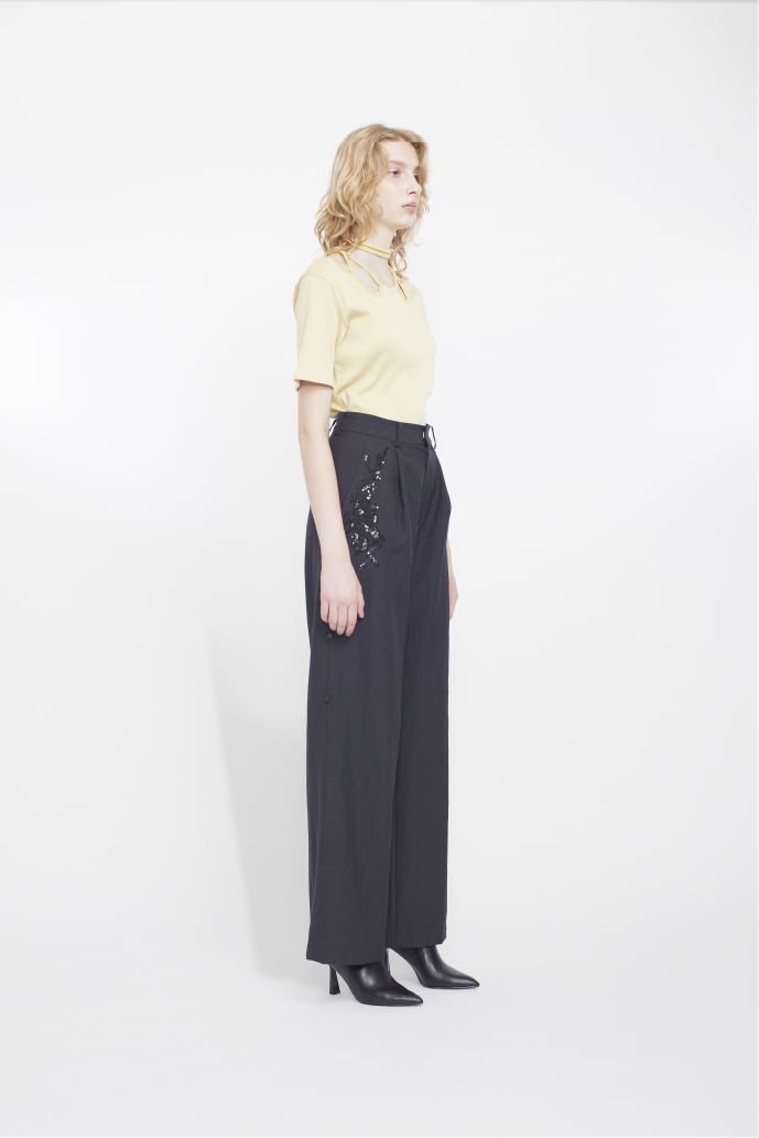 Veil embroidered layered slacks (Black)