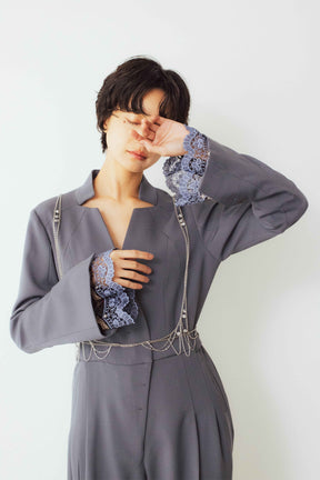 Slit sleeve lace jumpsuit set (Blue)