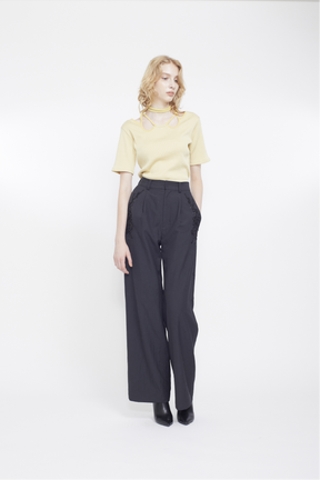 Veil embroidered layered slacks (Black)