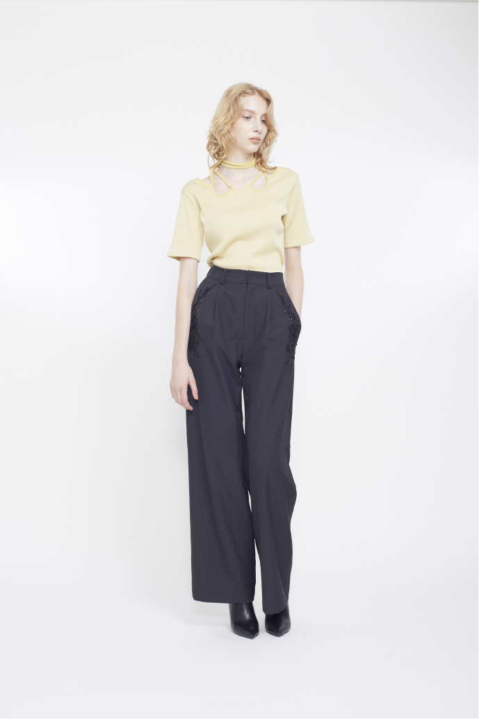 Veil embroidered layered slacks (Black)