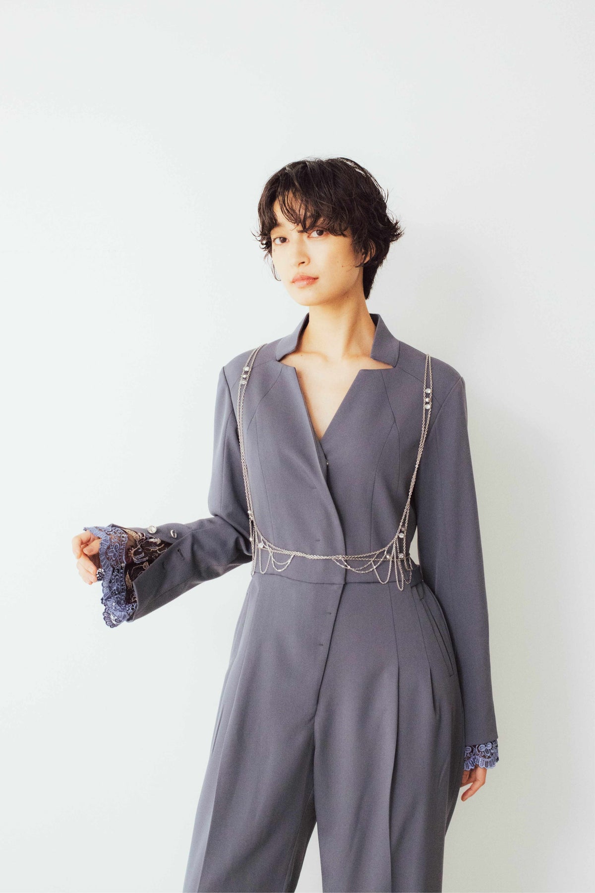 Slit sleeve lace jumpsuit set (Blue)