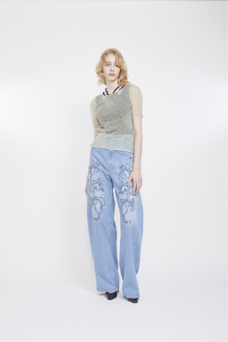 Nerine embroidered denim slacks (Blue)