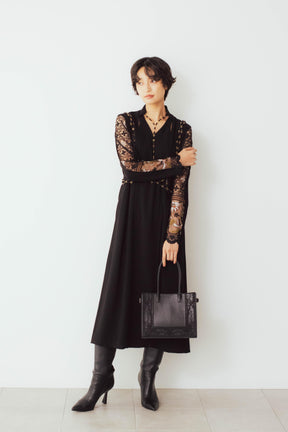Petal collar lace dress set (Black)