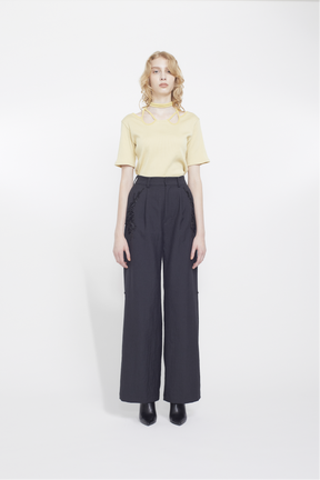 Veil embroidered layered slacks (Black)