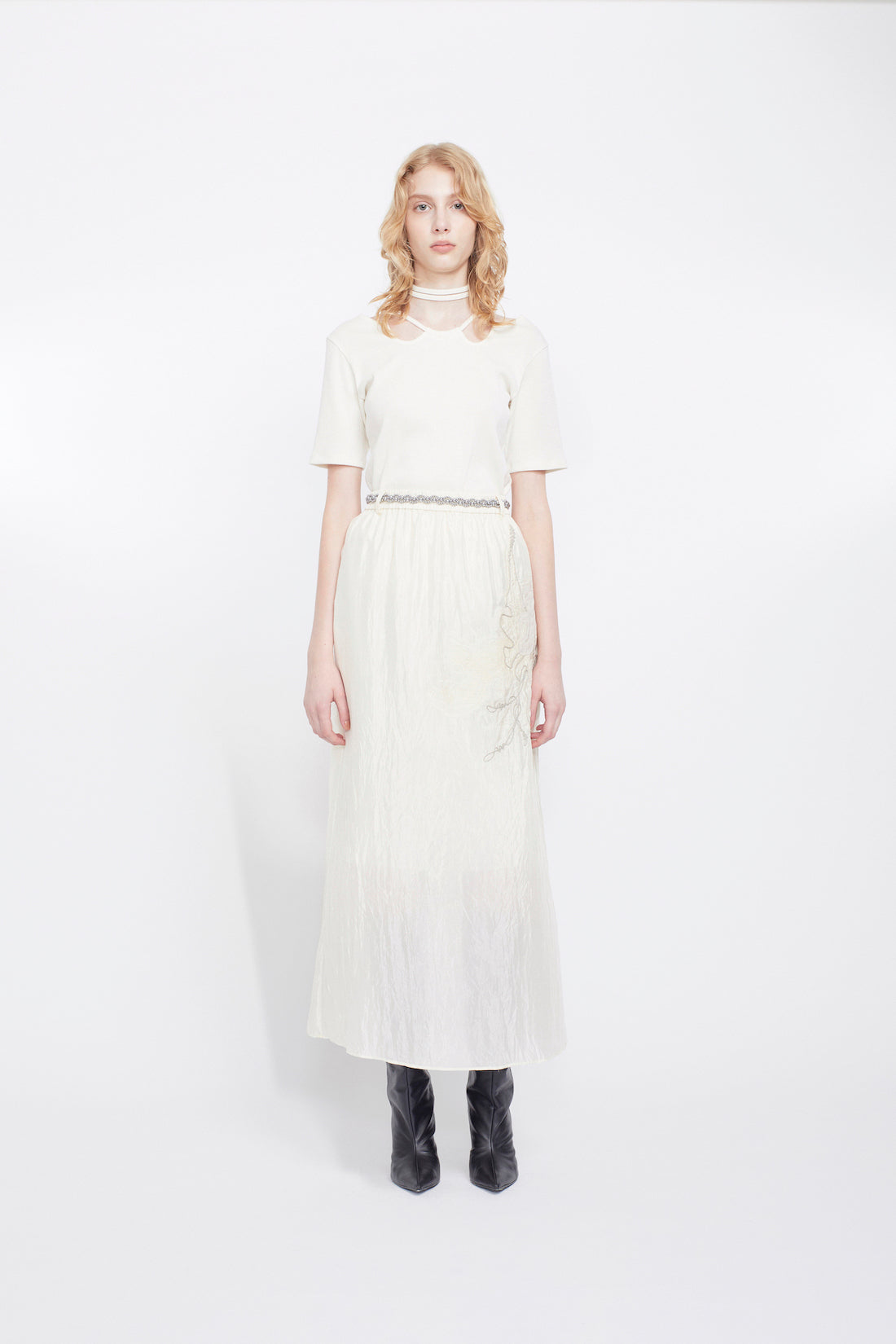 Flutter patchwork embroidered skirt (White)