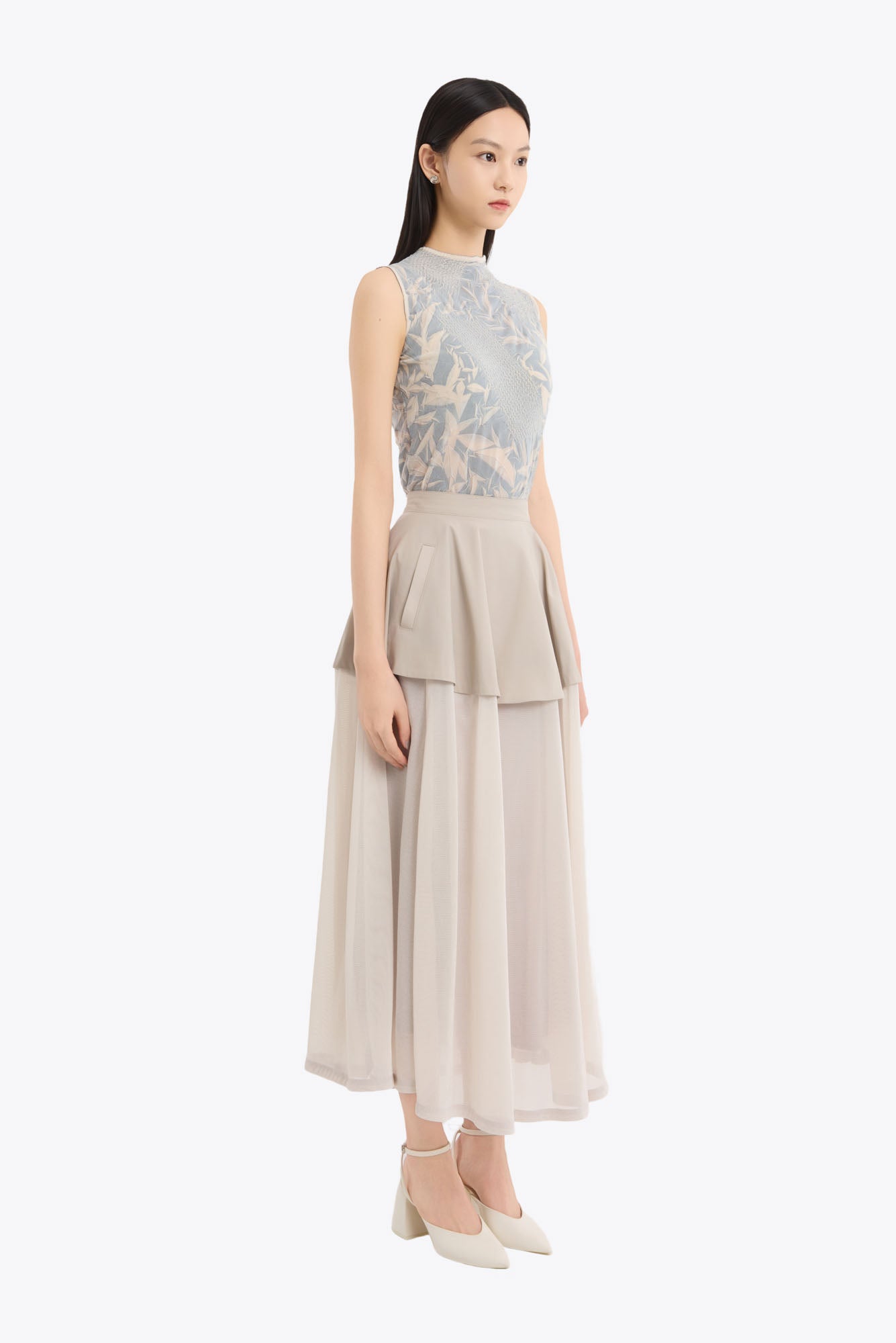 Military layered flare skirt (Light gray)