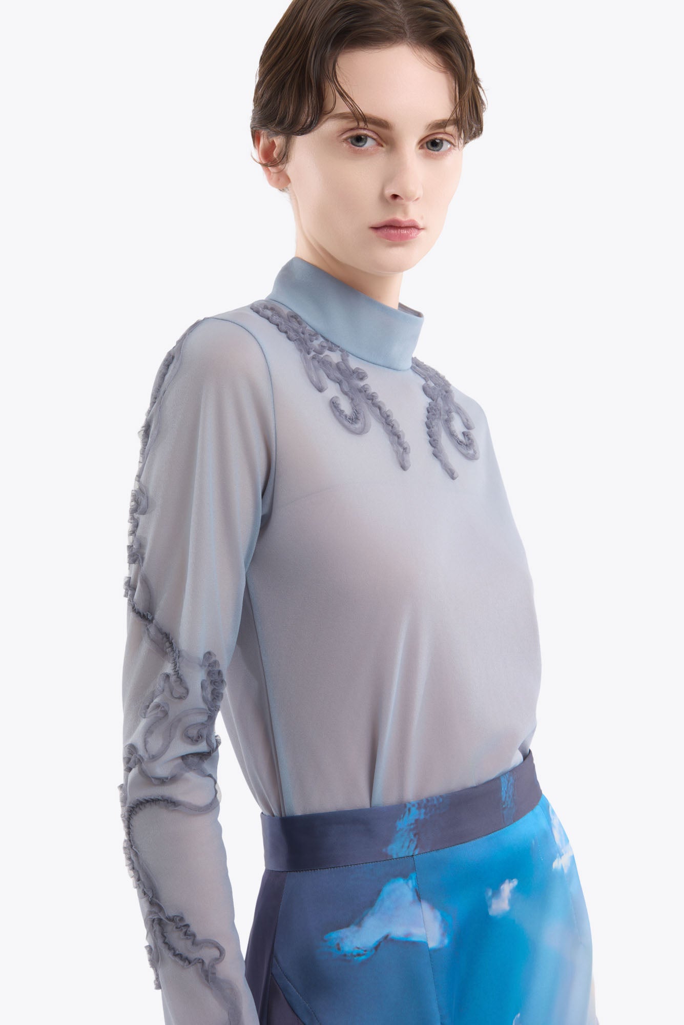 Moon road  embroidered sheer top (Blue)