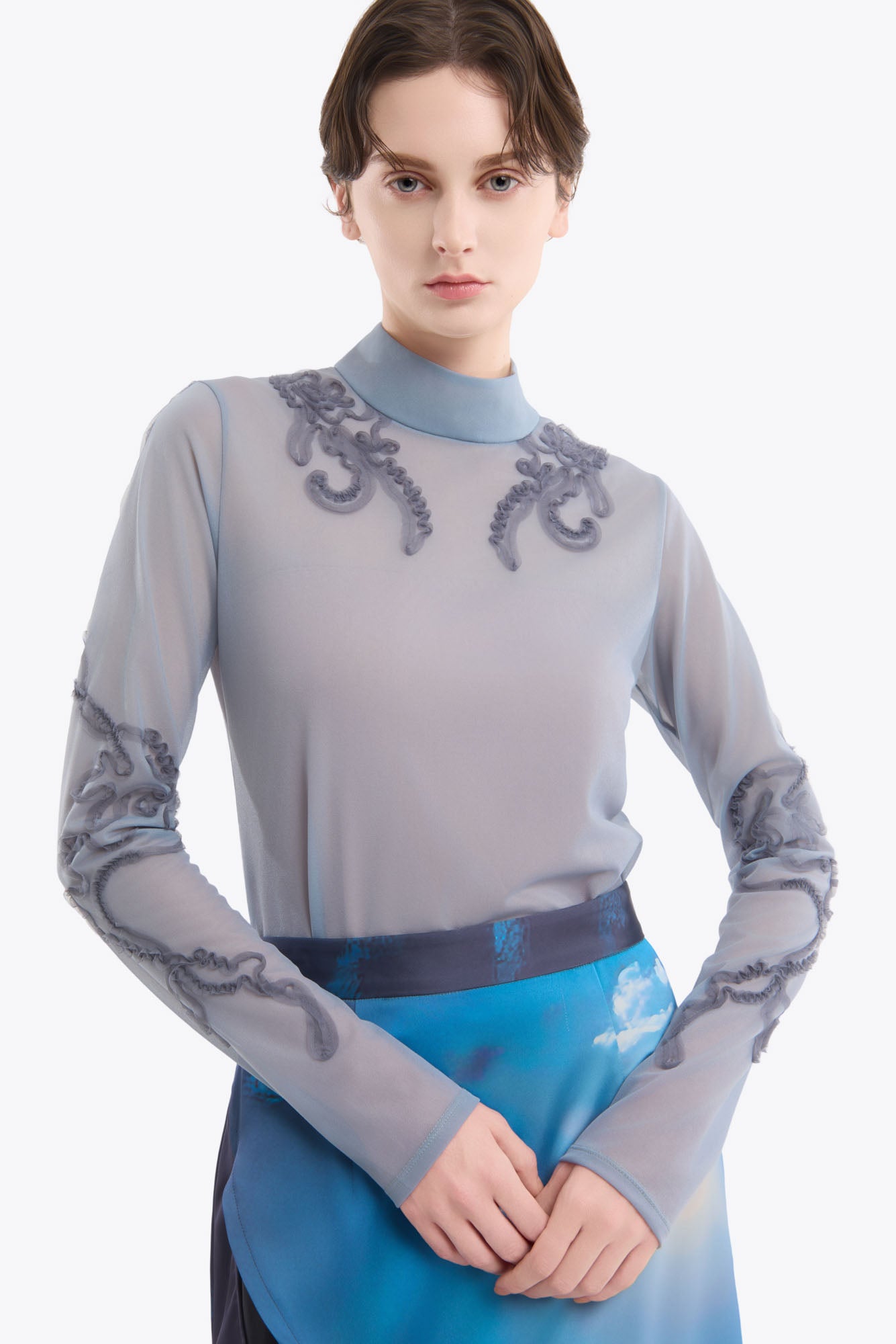 Moon road  embroidered sheer top (Blue)
