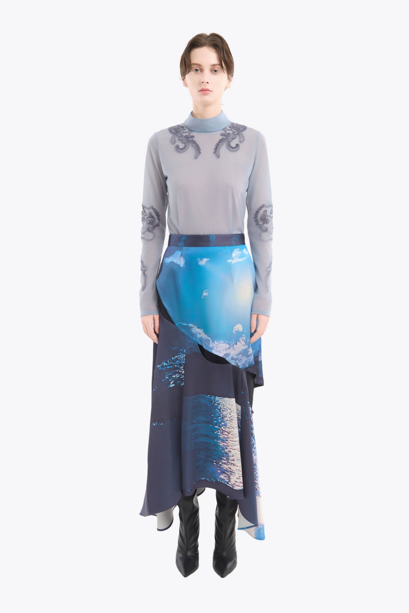 Moon road  embroidered sheer top (Blue)