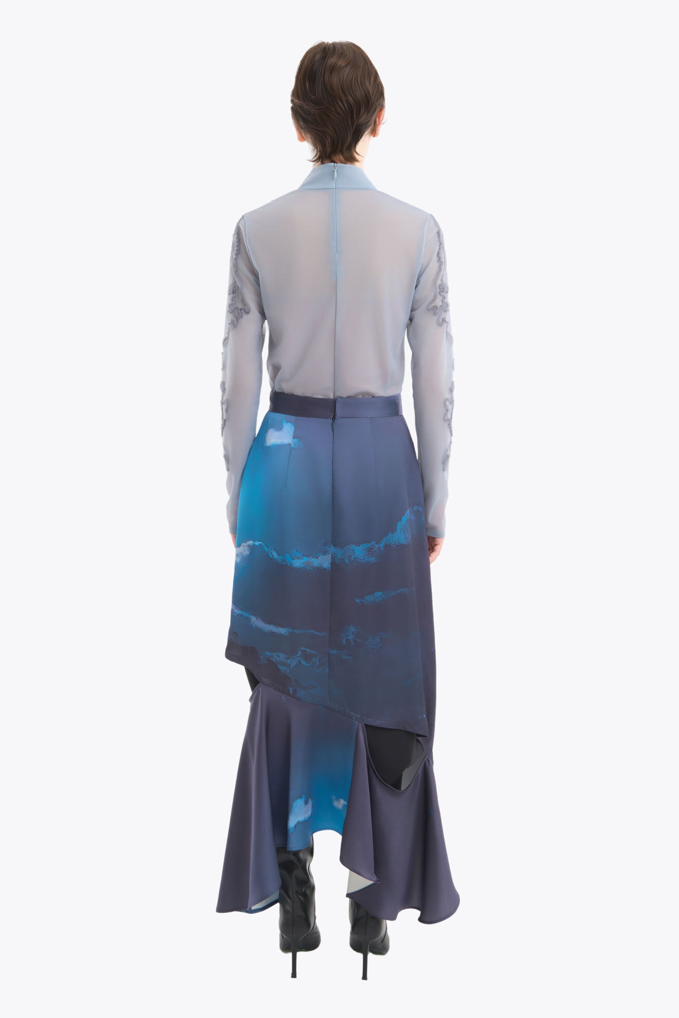 Moon road  embroidered sheer top (Blue)