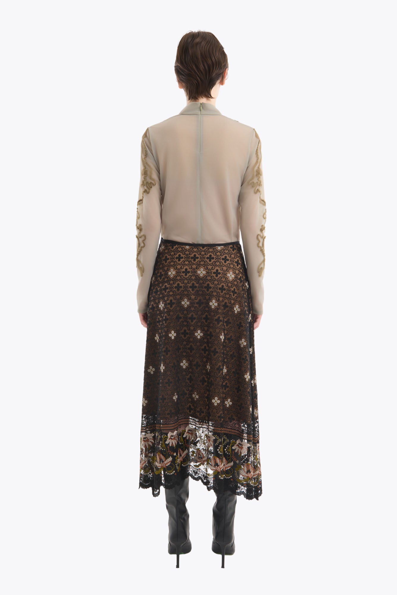 Moon road  embroidered sheer top (Smoked khaki)