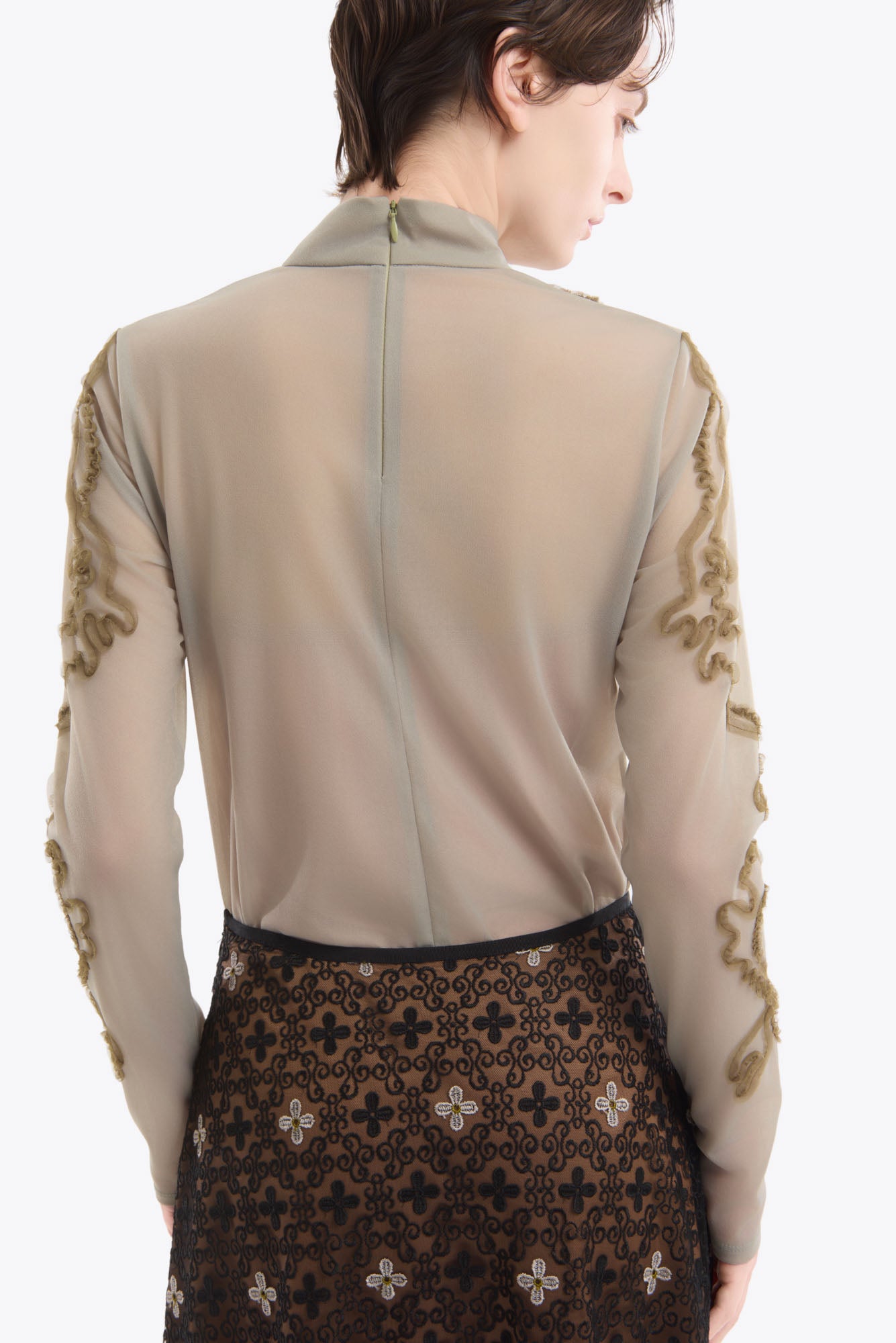 Moon road  embroidered sheer top (Smoked khaki)