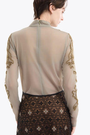 Moon road  embroidered sheer top (Smoked khaki)