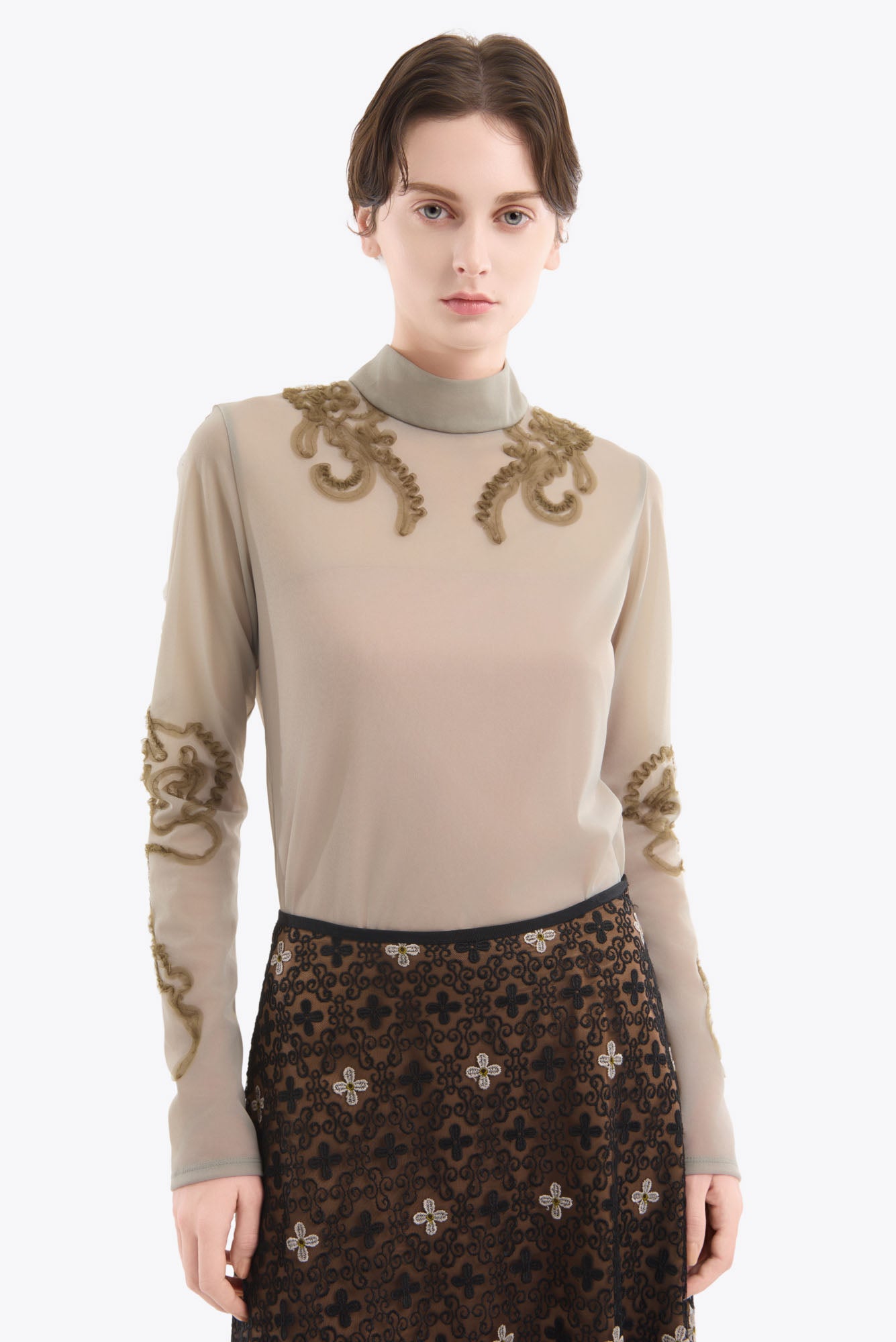 Moon road  embroidered sheer top (Smoked khaki)