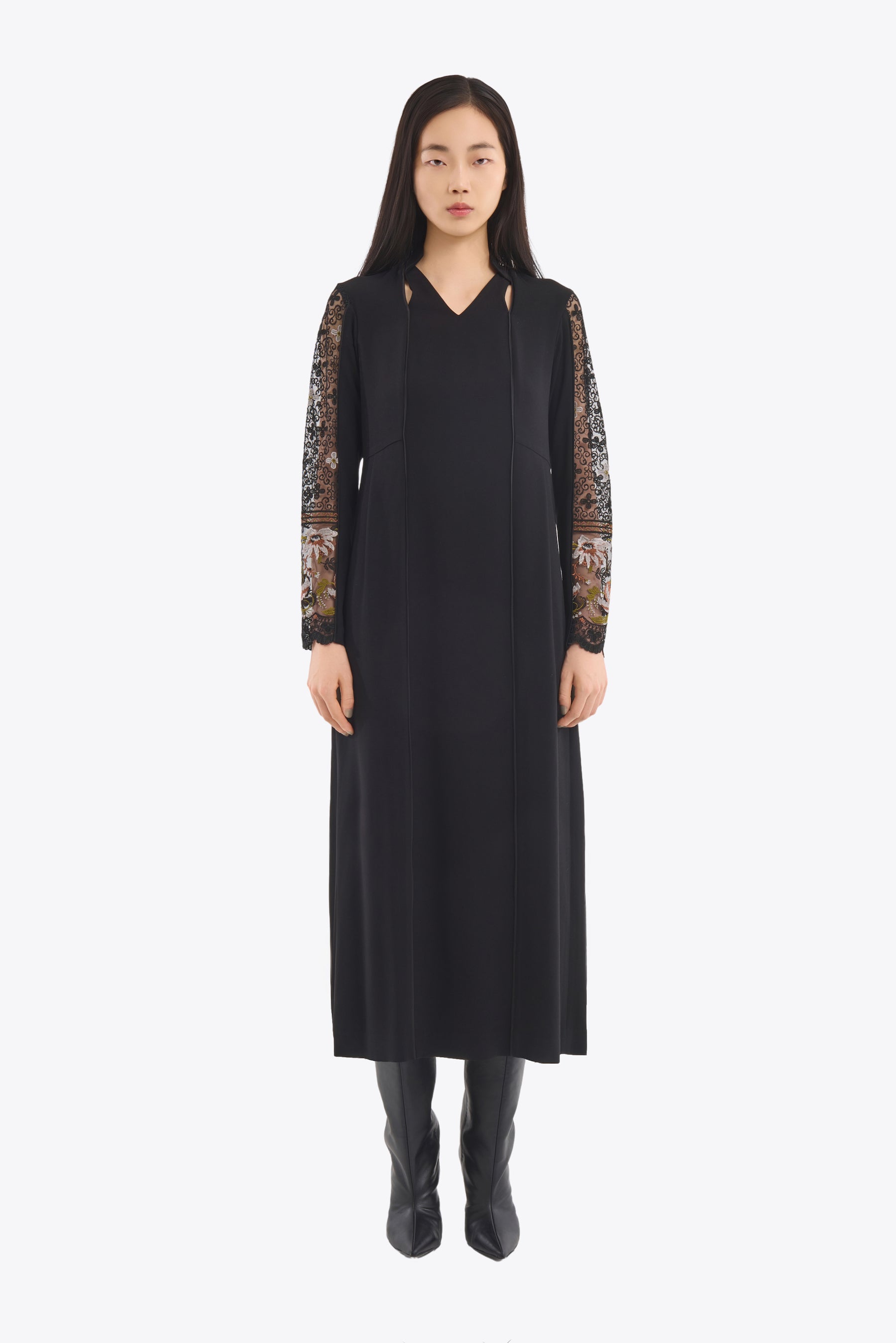 Petal collar lace dress (Black)