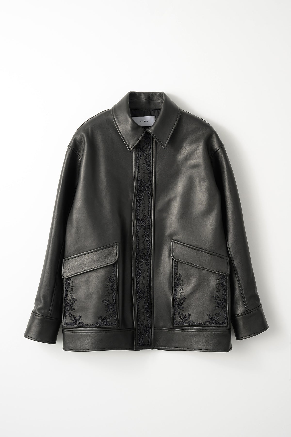 Framed embroidery leather jacket (Black)