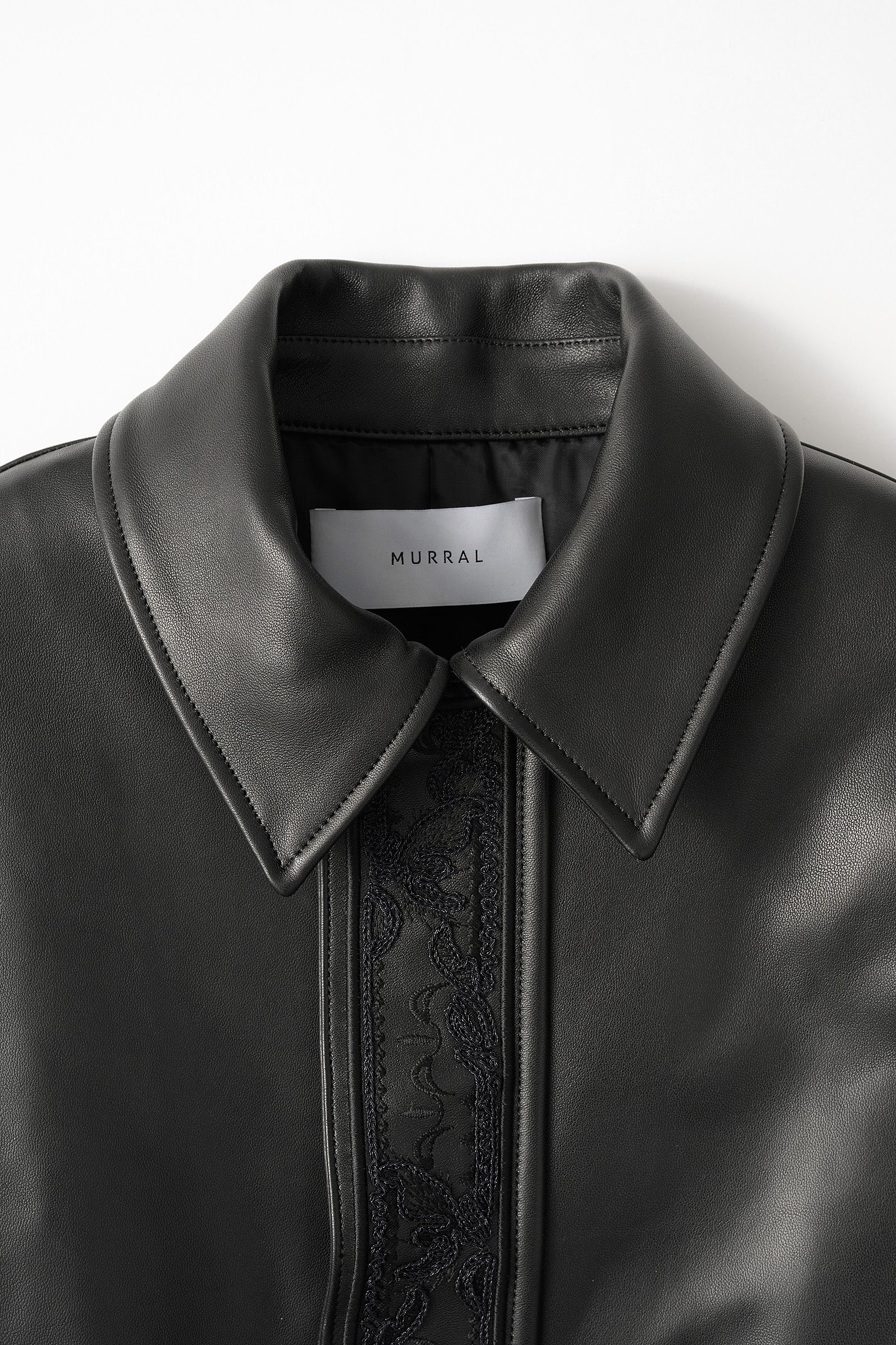 Framed embroidery leather jacket (Black)