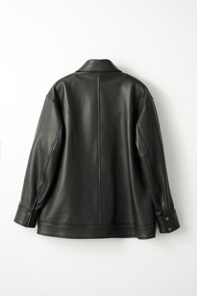 Framed embroidery leather jacket (Black)