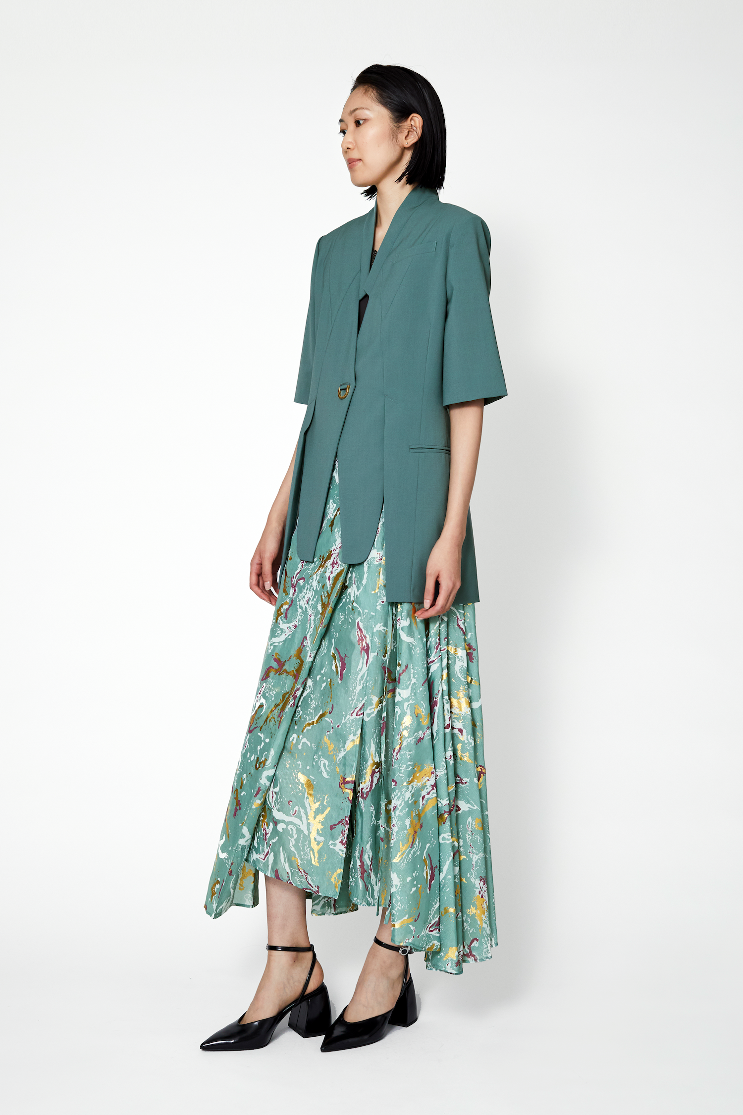 ジャケット・アウター moripn. Frill tailored vest / gray Branching half sleeve jacket (Green)