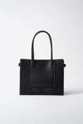 Framed embroidered leather small bag (Black)