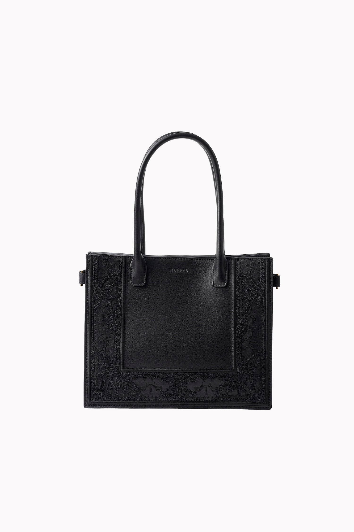 Framed embroidered leather small bag (Black)