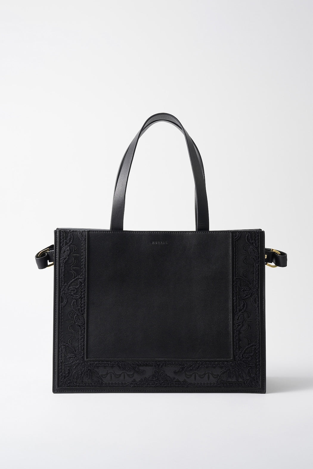 Framed embroidered leather tote bag (Black)