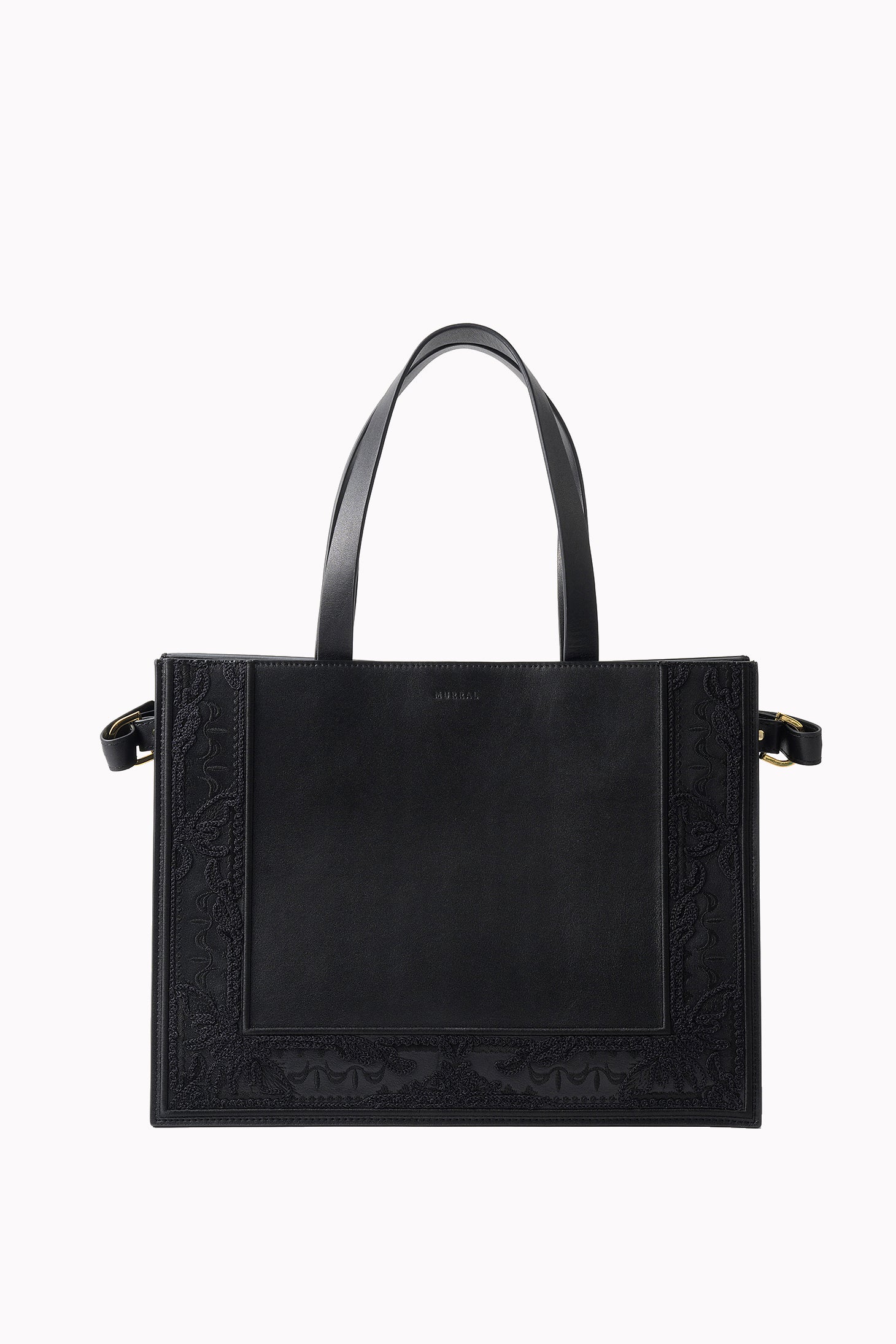 Framed embroidered leather tote bag (Black)